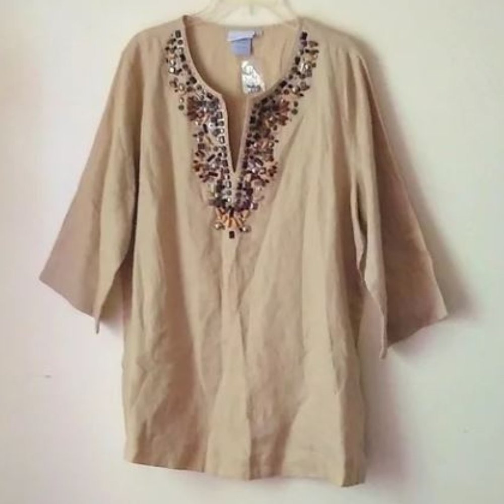 soft surroundings Women's 100% Linen Blouse XL Short Sleeve Cream sequin detail